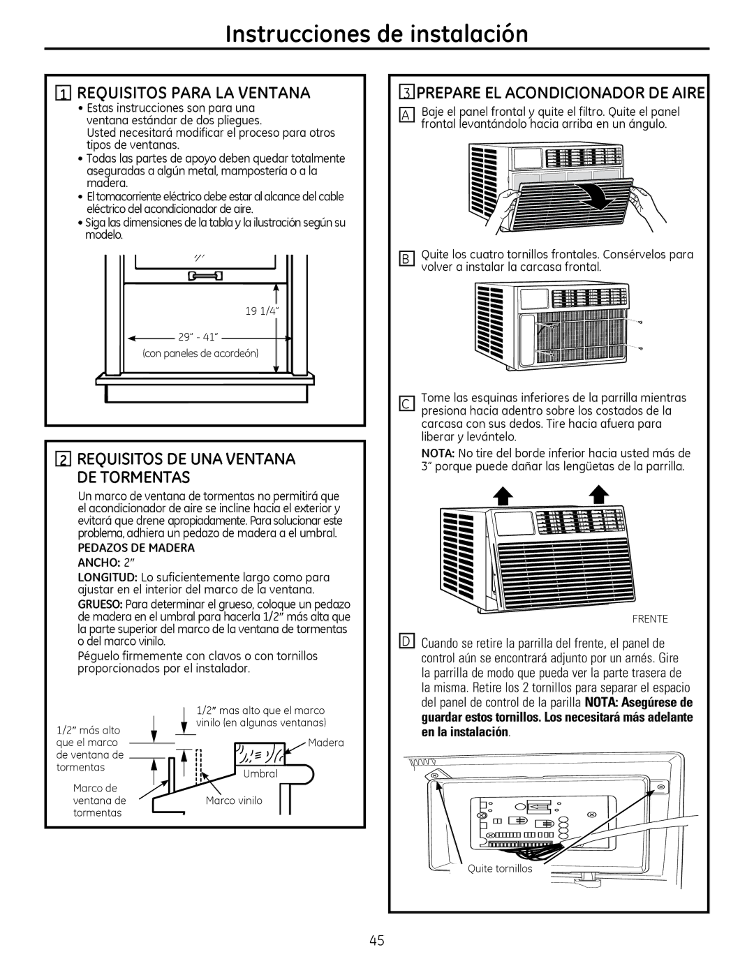 GE AEM2, AEQ2 installation instructions Requisitos Para La Ventana, Requisitos DE UNA VENTANA DE TORMENTAS 